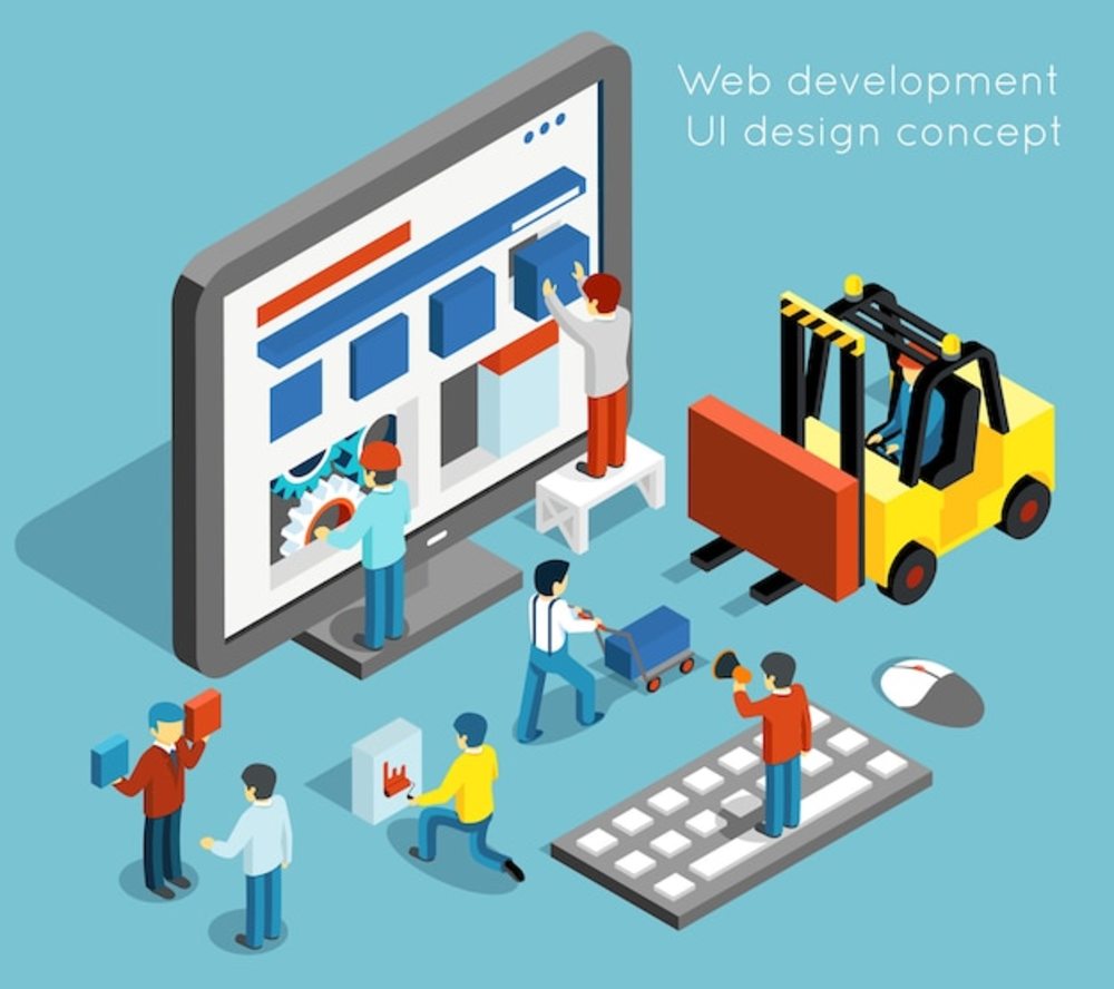 平面3d等距风格的Web开发和UI设计概念技术网站和计算机界面设计WebUI开发矢量图